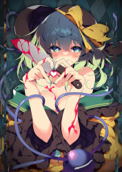 1girl black_hat blush breasts cleavage closed_mouth collarbone collared_shirt fingernails frilled_shirt_collar frilled_sleeves frills green_eyes green_hair green_nails hair_between_eyes hat hat_ribbon heart heart-shaped_pupils heart_of_string highres knife komeiji_koishi looking_at_viewer medium_breasts medium_hair nail_polish ribbon sakurame shirt smile solo symbol-shaped_pupils third_eye touhou upper_body wide_sleeves yellow_ribbon yellow_shirt