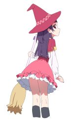 1girl absurdres broom dress from_behind hat highres hiji_rida izayoi_liko kneehighs long_hair long_sleeves looking_at_viewer looking_back magic_school_uniform_(mahou_girls_precure!) mahou_girls_precure! precure purple_eyes purple_hair red_dress school_uniform skirt socks solo standing white_background witch_hat