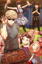 3boys 4girls afro animal anya_(spy_x_family) axe beard becky_blackbell black_bow black_bowtie black_hair black_pants black_pantyhose black_shirt blonde_hair bond_(spy_x_family) bow bowtie breaking breasts brown_eyes brown_hair bush child clothes_around_waist cooking dog dress eating facial_hair family fiona_frost food franky_franklin gas_can glasses grass great_pyrenees grey_shirt grill grilling hairband haraya_manawari heart heart-shaped_pupils hiding highres holding holding_axe holding_food large_breasts long_hair looking_at_another meat meme multiple_boys multiple_girls pants pantyhose pink_hair plaid polka_dot polka_dot_dress red_eyes salt_bae_(meme) sausage shirt short_hair sparkle spy_x_family steak steam sunglasses symbol-shaped_pupils t-shirt tent twilight_(spy_x_family) twintails white_hairband wood yor_briar yuri_briar