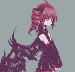 1girl ahoge black_shirt black_skirt black_sleeves black_wings closed_mouth collared_shirt commentary_request demon_wings detached_sleeves drill_hair from_side grey_background hair_between_eyes kasane_teto kasane_teto_(utau) looking_at_viewer red_eyes red_hair shirt simple_background skirt sleeveless sleeveless_shirt solo sparseseethe standing twin_drills utau wings