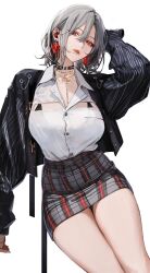 Rule 34 | 1girl, arm behind head, black bra, black choker, black jacket, bra, breasts, button gap, choker, clothing cutout, collared shirt, crystal earrings, earrings, grey hair, grey skirt, hair behind ear, hair between eyes, headset, highres, in-ear earphones, jacket, jewelry, large breasts, mole, mole under eye, mole under mouth, necklace, open clothes, open jacket, original, parted bangs, partially unbuttoned, pencil skirt, plaid clothes, plaid skirt, puffy sleeves, red eyes, red lips, ryoga, shirt, shirt tucked in, short hair, sidelocks, simple background, skirt, solo, spiked choker, spikes, striped clothes, striped jacket, underwear, vertical-striped clothes, vertical-striped jacket, white background, white shirt