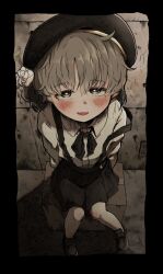 1girl arms_behind_back beret black_border black_hat black_ribbon black_skirt blush border box bright_pupils brown_eyes cardboard_box collared_shirt commentary_request electrical_outlet fangs flower foreshortening from_above hair_flower hair_ornament hair_ribbon hair_rings hat hatoba_tsugu highres igarashi_yuusuke_(wabisabi_buriki) indoors light_brown_hair loafers long_sleeves looking_at_viewer looking_up loose_neck_ribbon medium_hair mole mole_under_eye neck_ribbon on_box open_mouth pantyhose ribbon rose shadow shirt shoes single_hair_ring sitting skin_fangs skirt smile solo suspender_skirt suspenders suspenders_slip tsugu_(vtuber) upturned_eyes virtual_youtuber white_flower white_pantyhose white_pupils white_rose white_shirt