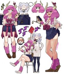 2girls absurdres alternate_costume applying_manicure artist_name aura_(sousou_no_frieren) aura_bullying_(meme) balance_scale blank_speech_bubble book bow bowtie braid breasts cellphone cellphone_charm chair charm_(object) cleavage clothes_around_waist clothes_lift contemporary demon_girl demon_horns earrings elf floating_earring frieren full_body glasses gyaru hand_on_own_hip hand_to_own_mouth headless highres holding holding_book holding_phone holding_scale horn_ornament horn_ribbon horns jewelry laughing lifting_own_clothes linie_(sousou_no_frieren) loose_bowtie loose_clothes loose_shirt loose_socks meme menacing_(jojo) multiple_braids multiple_girls multiple_views nail_polish nail_polish_brush opaque_glasses open_mouth painting_nails pantyhose parted_bangs phone pleated_skirt pointy_ears purple_hair quad_braids ribbon school_chair school_uniform shirt sitting skirt skirt_lift smartphone smile socks sousou_no_frieren speech_bubble striped_clothes striped_shirt sweatband sweater sweater_around_waist talking_on_phone tan tanline teacher teardrop_earrings twintails wanderjegson weighing_scale white_background white_hair