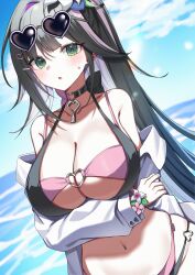 1girl :o abigail_(black_survival) absurdres arms_under_breasts bare_shoulders bikini black_bikini black_choker black_hair black_survival breasts choker cleavage collarbone day dutch_angle eternal_return:_black_survival eyewear_on_head flower green_eyes hair_flower hair_ornament hairclip heart heart-shaped_eyewear heart_o-ring highres jacket jinggun key key_choker large_breasts layered_bikini long_hair long_sleeves looking_at_viewer multicolored_hair navel o-ring off_shoulder official_alternate_costume open_clothes open_jacket outdoors parted_lips pink_bikini ponytail skindentation solo stomach string_bikini sunglasses sweatdrop swimsuit two-tone_hair upper_body very_long_hair white_jacket