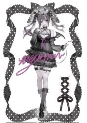 1girl black_dress black_hair black_nails black_shoes bow breasts cleavage demon_girl demon_horns demon_tail demon_wings detached_sleeves dress fishnets frills full_body hair_ornament highres horns iggy.m legwear_garter long_hair long_sleeves multicolored_hair original piercing ribbon sample_watermark see-through_clothes see-through_dress see-through_sleeves shoes socks solo standing streaked_hair tail thigh_strap tongue tongue_out twintails watermark white_background wings