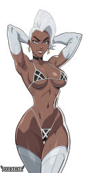 1girl armpits bikini blue_eyes choker dark-skinned_female dark_skin elbow_gloves gloves marvel marvel_rivals navel pixiqueenie smile solo storm_(x-men) swimsuit thighhighs white_background white_hair x-men