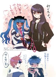2boys 2girls ahoge amemiya_darumi black_hair blue_eyes blue_hair blush bridge_piercing collar earrings face_piercing hand_on_own_hip hands_up heart heart-shaped_pupils japanese_clothes japanese_text jewelry leash lip_piercing long_hair messy_hair multicolored_hair multiple_boys multiple_girls omokage_yugamu piercing pink_background pink_eyes purple_hair red_eyes red_hair shizuhara_hiruko simple_background sumino_takumi symbol-shaped_pupils the_hundred_line_-last_defense_academy- twintails upper_body white_background yaoi yuri
