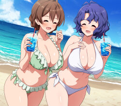 2girls :d absurdres ahoge antenna_hair bare_arms beach bikini blue_hair blue_sky braid breasts brown_hair cleavage cloud commentary_request cup day disposable_cup food frilled_bikini frills green_bikini hair_between_eyes highres horizon ice_cream idolmaster idolmaster_million_live! idolmaster_million_live!_theater_days large_breasts mei_ichi multiple_girls navel ocean open_mouth outdoors sakuramori_kaori short_hair sky smile standing swimsuit toyokawa_fuka white_bikini