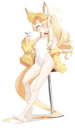 1girl absurdres animal_ear_fluff animal_ears bare_shoulders barefoot bird bird_on_hand blue_archive breasts closed_mouth covered_navel cross_halo diamond_cutout extra_ears feet fingernails fox_ears fox_girl fox_tail full_body hair_over_one_eye halo hand_up highleg highleg_one-piece_swimsuit highres jacket legs loli long_hair long_sleeves looking_at_viewer mokuren_(mozukukirai88) off_shoulder official_alternate_costume one-piece_swimsuit one_eye_covered pink_eyes seia_(blue_archive) seia_(swimsuit)_(blue_archive) side_ponytail simple_background small_breasts smile solo standing stool sunglasses swimsuit tail thighs tinted_eyewear tit_(bird) toenails toes very_long_hair very_long_tail visor_cap white_background white_one-piece_swimsuit yellow_halo yellow_jacket yellow_visor