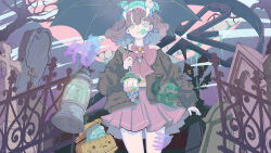 Rule 34 | 1girl, absurdres, aqua eyes, aqua hat, bare tree, black jacket, black umbrella, bow, bowtie, cake, candle, clenched teeth, cowboy shot, cross, fangs, food, frilled skirt, frills, gate, ghost, graveyard, grey eyes, hat, highres, holding, holding umbrella, jacket, lantern, large bow, long sleeves, looking to the side, medium hair, mouth hold, noka works, original, pastel colors, red bow, red bowtie, red skirt, shirt, skirt, skull, skull ornament, solo, stitched mouth, stitches, teeth, tombstone, transparent hand, tree, umbrella, white shirt