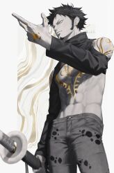 1boy abs absurdres arm_up bare_pectorals black_hair black_shirt chest_tattoo closed_mouth denim earrings facial_hair finger_tattoo goatee groin hand_tattoo highres holding holding_sword holding_weapon jeans jewelry ksuke_(k-taro31) long_sleeves looking_ahead male_focus multiple_earrings multiple_tattoos navel one_piece pants pectorals piercing shirt short_hair shoulder_tattoo sideburns solo sword tattoo toned toned_male trafalgar_law weapon yellow_eyes