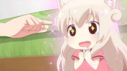 2girls animal_ears animated animated_gif anime_screenshot cat_ears cat_girl cat_tail eating feeding food konagai_yuuko lowres multiple_girls nyanko_days shii_(nyanko_days) solo tagme tail