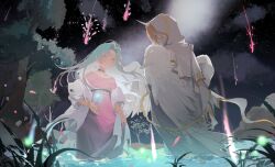Rule 34 | 1boy, 1girl, angel wings, antenna hair, aqua eyes, aqua hair, artist request, black choker, blonde hair, check copyright, choker, cloak, colored inner hair, copyright request, crystal, dress, earrings, feather earrings, feathered wings, feathers, feet out of frame, grass, grey robe, hood, hood up, hooded cloak, horns, jacket, jacket partially removed, jewelry, long dress, long hair, looking at another, meteor shower, multicolored hair, night, night sky, object floating above hand, onsen, original, outdoors, parted bangs, pink dress, robe, rock, second-party source, short hair, single horn, sky, smoke, star (sky), starry sky, tree, two-tone hair, very long hair, wading, white cloak, white hair, white horns, white jacket, white wings, wings