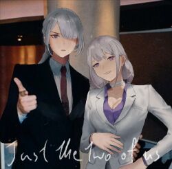 2girls ak-15_(erwin)_(girls&#039;_frontline) ak-15_(girls&#039;_frontline) bandaged_neck bandages black_jacket breasts business_suit cleavage collarbone commentary english_commentary english_text formal_clothes girls&#039;_frontline grey_hair hair_over_one_eye hand_on_another&#039;s_back hand_on_own_hip highres indoors jacket long_hair long_sleeves looking_at_viewer medium_breasts medium_hair multiple_girls necktie official_alternate_costume open_mouth parted_lips purple_eyes purple_shirt red_necktie rpk-16_(girls&#039;_frontline) rpk-16_(renate)_(girls&#039;_frontline) shirt smile suit upper_body white_jacket white_shirt wo_lai_diaoguo_yu