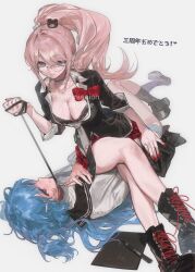 animal_collar bare_legs bear_hair_ornament bespectacled black_boots black_bra black_choker black_jacket black_necktie black_sailor_collar black_shoes black_socks blonde_hair blue_hair blue_panties boots bow bowtie bra breasts chinese_commentary choker cleavage clenched_teeth clothes_lift collar collared_shirt commentary_request commission crossed_legs crying crying_with_eyes_open danganronpa:_trigger_happy_havoc danganronpa_(series) diurtion enoshima_junko facepaint glasses grey-framed_eyewear grey_background hair_ornament hand_on_another&#039;s_hip hands_on_own_chest heart heart_print high_ponytail highres holding holding_leash jacket knee_up kneehighs lace lace-trimmed_bra lace-up_boots lace_trim lapels large_breasts leash long_hair long_sleeves looking_at_another lying marker microskirt monokuma nail_polish necktie notched_lapels oc_x_canon on_back original own_hands_together panties pantyshot paper parted_bangs parted_lips plaid_clothes plaid_skirt pleated_skirt ponytail red_bow red_bowtie red_collar red_eyes red_nails red_skirt sailor_collar school_uniform serafuku shirt shoes simple_background sitting sitting_on_person skirt skirt_lift smile socks strangling swept_bangs teardrop tears teeth translation_request two-tone_necktie two-tone_panties two_side_up underwear uwabaki very_long_hair watermark wavy_hair white_necktie white_panties white_shirt white_sleeve_cuffs yuri