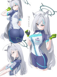 1girl absurdres ahoge animal_ear_fluff animal_ears blue_archive blue_eyes blue_shorts closed_mouth cross_hair_ornament cycling_uniform extra_ears gloves green_gloves grey_hair hair_behind_ear hair_between_eyes hair_ornament highres isuka_(isuka_83) long_hair multicolored_shirt shiroko_(blue_archive) shiroko_(cycling)_(blue_archive) shiroko_terror_(blue_archive) shirt shorts sidelocks solo white_shirt wolf_ears wolf_girl