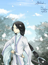 artist_name black_hair blue_eyes character_name closed_mouth cloud cloudy_sky dated day elf english_text falling_petals floating floating_hair floating_object holding holding_sword holding_weapon long_hair one_eye_covered outdoors penlod petals pointy_ears robe scabbard sheath sky sword the_silmarillion tolkien&#039;s_legendarium unsheathing weapon windrelyn