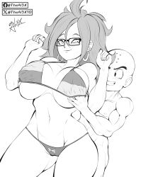1boy 1girl android_21 bald bald_male black_eyes breasts dragon_ball excited excited_for_sex glasses groping_breast happy highres kuririn large_breasts long_hair muscular muscular_male nipples pussy smile smug theal3x10 thick_thighs thighs uncensored