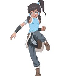 1girl :d aged_down avatar_legends blue_shirt boots brown_boots clenched_hand commentary dark-skinned_female dark_skin english_commentary grey_eyes grey_pants hair_tubes high_ponytail highres korra onion_(tamanegi) open_mouth paid_reward_available pants pelt ponytail shirt simple_background sleeveless sleeveless_shirt smile solo standing standing_on_one_leg the_legend_of_korra upper_body v-shaped_eyebrows white_background