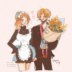 1boy 1girl ^_^ apron black_jacket blonde_hair blush bouquet cigarette closed_eyes commentary cowboy_shot facial_hair flower formal_clothes goatee hair_over_one_eye hand_on_own_hip heart highres holding holding_bouquet jacket long_sleeves maid_headdress nami_(one_piece) one_piece ponytail sanji_(one_piece) short_hair simple_background smile suit symbol-only_commentary yoru_onp