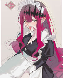 Rule 34 | 1girl, absurdres, alternate costume, apron, baobhan sith (fate), black dress, breasts, caat106, dress, enmaided, fate/grand order, fate (series), grey eyes, hair ornament, highres, long hair, maid, maid apron, maid headdress, pink hair, pointy ears, sidelocks, solo, tongue, tongue out, white apron, white background