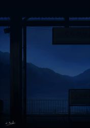 alu.m_(alpcmas) blue_theme blurry dark depth_of_field highres mountainous_horizon night night_sky no_humans original outdoors railing scenery sign signature sky star_(sky) train_station valley