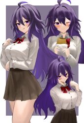 Rule 34 | 1girl, ;), absurdres, ahoge, alternate costume, black skirt, blush, border, bow, bowtie, breasts, commentary, food, highres, holding, holding food, honkai: star rail, honkai (series), large breasts, licking lips, long hair, multiple views, one eye closed, purple background, purple eyes, purple hair, red bow, red bowtie, school uniform, seele (honkai: star rail), shirt, skirt, smile, symbol-only commentary, thighs, tongue, tongue out, very long hair, white border, white shirt, yue kanade