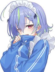 1girl absurdres blue_hair blue_jacket blush commentary_request green_hair hair_between_eyes highres jacket jersey_maid looking_at_viewer maid maid_headdress mole mole_under_eye multicolored_hair nanashi_inc. open_mouth ougimaneki pink_eyes short_hair simple_background smile solo suzumi_nemo transparent_background two-tone_hair unconventional_maid upper_body variant_set virtual_youtuber white_background