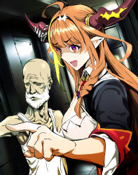 1boy 1girl ahoge breasts dragon_girl dragon_horns highres hololive horns kiryu_coco nobita_(makoto7060355) old old_man pointing pointy_ears smile