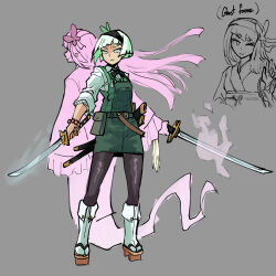 1girl adapted_costume apron black_hairband black_pantyhose brown_shoes butterfly_hair_ornament closed_mouth english_text geta ghost green_apron green_eyes green_skirt grey_background hair_ornament hairband highres holding holding_sword holding_weapon kaibootsu konpaku_youmu konpaku_youmu_(ghost) multiple_swords pantyhose pocket shirt shoes short_hair simple_background skirt solo sword touhou weapon white_hair white_shirt