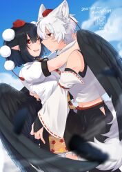 2girls absurdres animal_ear_fluff animal_ears arms_around_neck artist_name bird_wings black_feathers black_hair black_skirt black_wings blue_sky blurry blush breasts bridal_gauntlets closed_mouth cloud commentary_request day depth_of_field detached_sleeves falling_feathers feathered_wings feathers frilled_skirt frills grey_hair hand_on_another&#039;s_back hat highres hip_vent hug inubashiri_momiji leaf_print maple_leaf_print milestone_celebration min.k multicolored_shirt multicolored_skirt multiple_girls navel one_eye_closed open_mouth pointy_ears pom_pom_(clothes) print_shirt print_skirt puffy_short_sleeves puffy_sleeves red_eyes red_hat ribbon-trimmed_sleeves ribbon_trim shameimaru_aya shirt short_hair short_sleeves skirt sky smile tail tokin_hat touhou translation_request white_shirt wings wolf_ears wolf_girl wolf_tail yuri