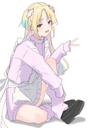 1girl alternate_costume black_shoes blonde_hair blue_eyes blue_hair flower full_body gradient_hair hair_flower hair_ornament highres jacket jersey_maid knee_up leg_warmers link!_like!_love_live! loafers long_sleeves love_live! maid miniskirt multicolored_hair osawa_rurino parted_bangs pink_flower potu_sabu purple_jacket purple_leg_warmers purple_skirt shoes simple_background sitting skirt sleeves_past_wrists solo track_jacket unconventional_maid v virtual_youtuber white_background