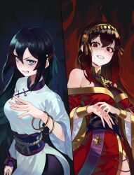 2girls absurdres angry bare_shoulders black_hair blue_eyes breasts brown_hair china_dress chinese_clothes dress earrings empty_eyes gemi_ningen gradient_hair hair_between_eyes headband highres jewelry medium_breasts multicolored_hair multiple_girls necklace original red_eyes red_hair rope sash sharp_teeth teeth wide_sleeves