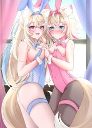 2girls absurdres animal_ears asymmetrical_docking bare_shoulders black_pantyhose blonde_hair blue_eyes blue_leotard blush breast_press breasts cleavage covered_navel dog_ears dog_tail embarrassed fake_animal_ears fuwawa_abyssgard hair_ornament hairclip highres hololive large_breasts leotard looking_at_viewer medium_breasts mococo_abyssgard multiple_girls open_mouth pantyhose pink_leotard playboy_bunny rabbit_ears red_eyes siblings smile st-147 tail thigh_strap twins virtual_youtuber window
