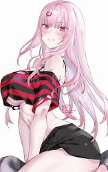 1girl absurdres bare_shoulders black_shirt black_shorts blush breasts commentary grin hair_ornament highres hololive hololive_english jewelry kamiya_maneki large_breasts long_hair looking_at_viewer mori_calliope necklace pink_eyes pink_hair pink_shirt shirt short_sleeves shorts signature simple_background sitting skull_hair_ornament smile solo striped_clothes striped_shirt teeth thighs torn_clothes torn_shirt twitter_username two-tone_shirt underboob v_arms virtual_youtuber white_background
