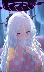 1girl absurdres ahoge blue_archive blush commentary demon_horns grey_hair hair_between_eyes halo highres hina_(blue_archive) hina_(pajamas)_(blue_archive) horns indoors kuchisode long_hair long_hair_between_eyes long_sleeves looking_at_viewer official_alternate_costume pajamas pink_eyes pink_pajamas polka_dot polka_dot_pajamas solo straight_hair very_long_hair