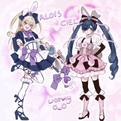 2boys absurdres alois_trancy animal_ears apron artist_name black_bow black_gloves black_thighhighs blonde_hair blue_bow blue_dress blue_eyes blue_high_heels boots bow bowtie character_name choker ciel_phantomhive ciel_phantomhive_(robin_dress) closed_eyes closed_mouth crossdressing dress earrings elbow_gloves eyepatch flower frilled_apron frilled_choker frilled_dress frilled_sleeves frilled_thighhighs frills gloves hair_bow hand_on_own_hip heart heart_eyepatch highres holding holding_staff jewelry kuroshitsuji leg_up long_hair looking_at_viewer looking_to_the_side magical_boy multiple_boys open_mouth pink_boots pink_choker pink_dress pink_flower puffy_short_sleeves puffy_sleeves purple_bow rabbit_ears short_sleeves smile sphere_earrings staff striped_bow thighhighs trap twintails two_side_up white_apron white_sleeves white_thighhighs wormy_owo
