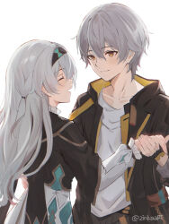 Rule 34 | 1boy, 1girl, absurdres, aqua dress, black gloves, black hairband, black jacket, caelus (honkai: star rail), closed eyes, collared shirt, commentary, couple, dress, fingerless gloves, firefly (honkai: star rail), frilled dress, frilled sleeves, frills, gloves, grey hair, hair between eyes, hair intakes, hairband, hetero, highres, honkai: star rail, honkai (series), jacket, long hair, long sleeves, open clothes, open jacket, open mouth, shirt, short hair, simple background, smile, trailblazer (honkai: star rail), twitter username, white background, white shirt, white sleeves, zinkaa