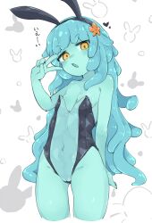 1girl animal_ears bare_shoulders black_hairband black_leotard blue_hair blue_skin blush breasts cleft_of_venus colored_skin cowboy_shot cropped_legs fake_animal_ears female_focus flower groin hair_flower hair_ornament hairband hand_up heart highres japanese_text jellyfish_girl leotard loli long_hair looking_at_viewer monster_girl navel open_mouth orange_eyes orange_flower original pussy pussy_peek rabbit_ears see-through_clothes see-through_leotard sidelocks small_breasts solo standing stomach strapless strapless_leotard talking tentacle_hair tentacles thighs translation_request unarsite v white_background