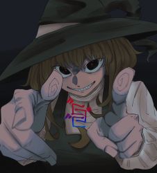 1girl absurdres black_eyes black_hat black_vest blonde_hair commentary_request cookie_(touhou) crescent crescent_pin eyes_visible_through_hair fingerprint gogogo_(cookie) grin hat highres kirisame_marisa long_hair long_sleeves looking_at_viewer odoro_(nicoseiga81184094) pointing pointing_at_viewer sharp_teeth smile solo teeth touhou upper_body vest witch_hat