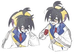1boy black_hair blue_shirt blush clenched_hands closed_eyes collared_shirt commentary_request crossed_bangs flying_sweatdrops game_freak gloves hair_between_eyes hairband highres jacket kieran_(pokemon) long_sleeves male_focus mole mole_on_neck multicolored_hair multiple_views nintendo open_mouth pokemon pokemon_sv purple_hair s_s_k00 shirt simple_background single_glove white_background white_jacket yellow_eyes yellow_hairband