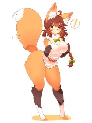 ! 1girl :3 ahoge animal_ear_fluff animal_ears animal_feet animal_hands animal_nose apron blush bow braid breasts brown_fur brown_hair closed_mouth fox_ears fox_girl fox_tail full_body furry furry_female green_bow green_eyes hair_between_eyes hair_bow hands_up highres large_breasts long_hair looking_at_viewer multicolored_fur navel neck_fur orange_bow orange_fur original simple_background single_braid solo spoken_exclamation_mark standing tail thick_thighs thighs toconikky white_apron white_background white_fur