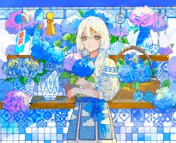 1girl absurdres basket blue_flower blue_skirt buchi_(qooo003) closed_mouth collared_shirt commentary_request flower grey_eyes hair_between_eyes highres hugging_object hydrangea long_hair long_sleeves looking_at_viewer original puffy_long_sleeves puffy_sleeves purple_flower shirt skirt smile solo summer tile_wall tiles vase white_hair white_shirt wind_chime