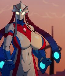 1girl blurry blurry_background bodysuit borrowed_character breasts butter_sugoi cameltoe clenched_hands commentary corrupted_twitter_file covered_erect_nipples cowboy_shot curvy english_commentary frown glowing glowing_eyes highres huge_breasts impossible_bodysuit impossible_clothes original signature solo ultra_series