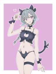 1girl animal_ears arm_up bikini black_bikini black_collar blush border braid breasts cat_ears cat_girl cat_tail cleavage cleavage_cutout clothing_cutout collar commentary cowboy_shot eyelashes grey_hair heart highres long_hair navel notaren original outline pink_background pink_eyes simple_background single_braid smile standing stomach swimsuit tail teeth thigh_strap white_border white_outline