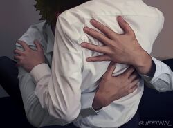 2boys back bakugou_katsuki black_pants blush boku_no_hero_academia collared_shirt commentary ear_blush english_commentary fingernails green_hair hand_on_another&#039;s_back hand_on_another&#039;s_shoulder highres hug jeeiinn long_sleeves male_focus midoriya_izuku multiple_boys multiple_scars pants realistic scar scar_on_hand shirt short_hair simple_background twitter_username white_shirt