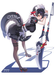 Rule 34 | 1girl, absurdres, black hair, black pantyhose, breasts, closed mouth, colored inner hair, dosei, ellen joe, fins, fish tail, from side, full body, hair between eyes, hanging breasts, highres, holding, holding weapon, large breasts, looking at viewer, maid, maid headdress, mole, mole under eye, multicolored hair, pantyhose, red eyes, red hair, shark girl, shark tail, short hair, sidelocks, simple background, solo, standing, tail, two-tone hair, weapon, zenless zone zero