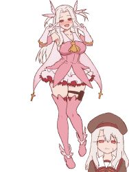 Rule 34 | 2girls, ascot, bare shoulders, beret, blush, boots, breasts, brown hat, brown shirt, cape, cosplay, dress, elbow gloves, fate/kaleid liner prisma illya, fate (series), feather hair ornament, feathers, full body, gloves, hair ornament, hat, highres, homurabara academy school uniform, illyasviel von einzbern, irisviel von einzbern, large breasts, layered gloves, long hair, long sleeves, looking at viewer, mother and daughter, multiple girls, neck ribbon, open mouth, parted bangs, peace peace009, pink boots, pink dress, pink gloves, prisma illya, prisma illya (cosplay), red eyes, red ribbon, ribbon, sailor collar, school uniform, shirt, sidelocks, skirt, small breasts, smile, thigh boots, two side up, white cape, white gloves, white hair, white sailor collar, white skirt