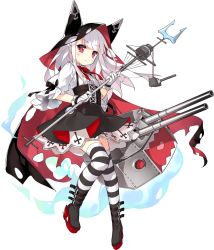 1girl anchor aura azur_lane belt black_boots blush boots cannon cape cross erebus_(azur_lane) female_focus full_body gloves holding holding_weapon hood looking_at_viewer medium_hair official_art platform_boots platform_footwear polearm red_eyes ribbon saru solo spear striped_clothes striped_thighhighs thighhighs torn_cape torn_clothes transparent_background weapon white_gloves white_hair