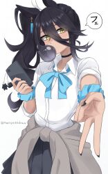1girl alternate_costume animal_ears black_choker black_hair black_nails black_skirt blowing_bubbles blue_bow blue_bowtie blue_scrunchie blush bow bowtie cellphone chewing_gum choker clothes_around_waist commentary_request earrings gyaru hair_between_eyes highres holding holding_phone horse_ears horse_girl ibuki_grunt jacket jacket_around_waist jewelry long_hair looking_at_viewer manhattan_cafe_(umamusume) phone pleated_skirt scrunchie side_ponytail simple_background single_earring skirt smartphone solo speech_bubble umamusume white_background wrist_scrunchie yellow_eyes
